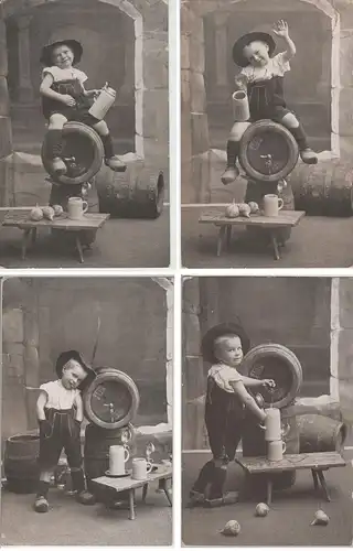 (69652) AK Junge in Lederhose mit Maßkrug auf Bierfass, 4 Karten aus Serie 1908