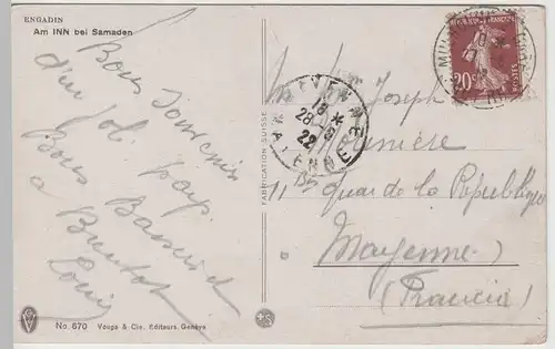 (65479) AK Engadin, Am Inn bei Samaden, 1922