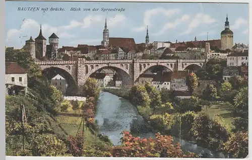 (65200) AK Bautzen, Blick v.d. Spreestraße über die Kronprinzenbrücke 1927