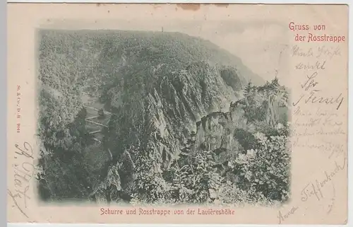 (64885) AK Gruß v. d. Roßtrappe, Harz, Schurre, Blick Laviereshöhe 1899