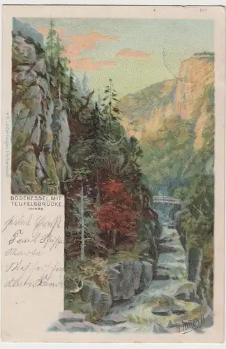 (64871) Künstler AK Harz, Bodetal, Teufelsbrücke, Bodekessel 1903