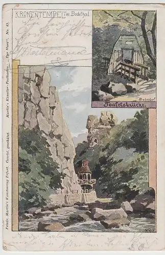 (64863) Künstler AK Harz, Bodetal, Kronentempel, Teufelsbrücke 1901