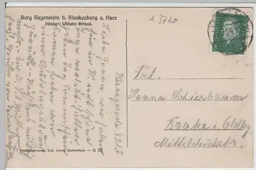 (64798) AK Blankenburg, Harz, Burg Regenstein, Oberburg, Kapelle 1929