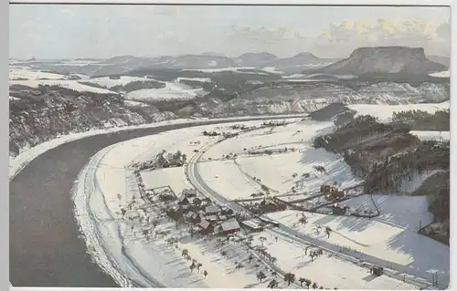 (64642) AK Sächs. Schweiz, Lilienstein mit kleinem Ort im Winter 1910er