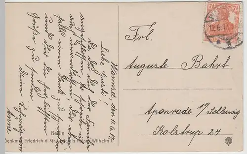 (64326) AK Berlin, Denkmal Friedrich d. Große u. Palais Wilhelm I. 1917