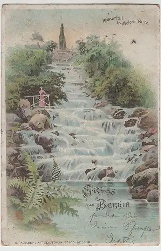 (64301) AK Gruss aus Berlin, Wasserfall im Victoria-Park, Litho 1901
