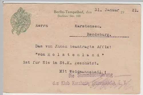 (64266) Postkarte vom Klub Kurzhaar e.V., Berlin Tempelhof 1921