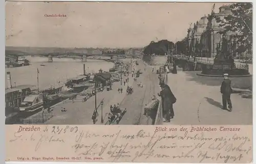 (64250) AK Dresden, Blick von den Brühlschen Terrassen, Raddampfer 1903