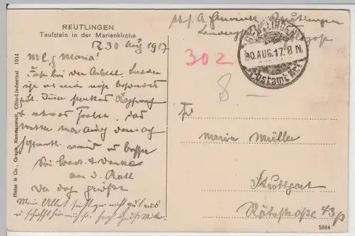 (63654) AK Reutlingen, Marienkirche, Taufbecken, Feldpost 1917