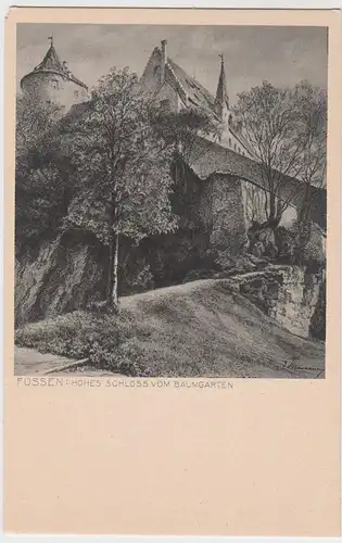 (62140) Künstler AK Füssen am Lech, Hohes Schloss vom Baumgarten um 1910