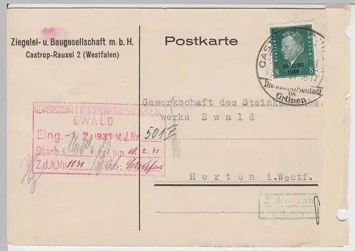 (62004) Postkarte DR, Firma Ziegelei- u. Bauges. m.b.H. Castrop-Rauxel 1930