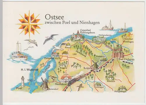 (61063) AK Ostsee zw. Poel u. Nienhagen, Landkarte v. Graichen 1988