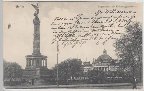 (60800) AK Berlin, Siegessäule mit Reichstagsgebäude, 1908