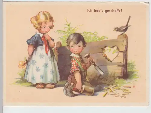 (60647) AK "Ich hab's geschafft", Junge meißelt Herz in Zaun, 1943