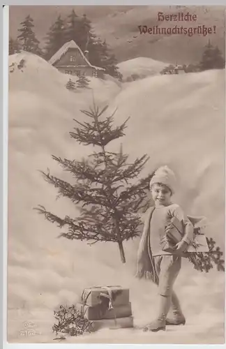 (60642) Foto AK Herzliche Weihnachtsgrüße, Kind mit Geschenken 1926