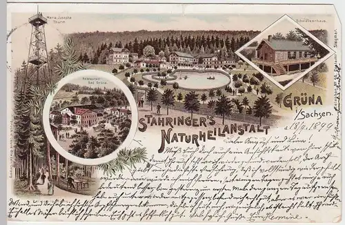 (60462) AK Grüna i. Sa., Stahringers Naturheilanstalt, Litho 1899