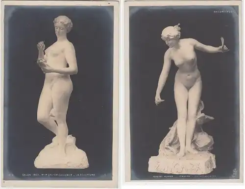 (60451) 2x Foto AK Frauenstatue v. Mme. Gruyer Caillaux u. Foretay Alfred 1903