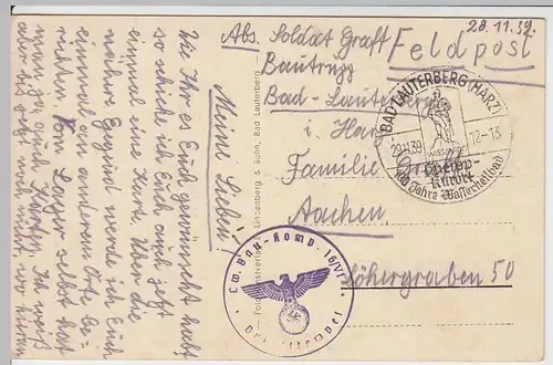 (60198) AK Bad Lauterberg im Harz, Gesamtansicht, Feldpost 1939