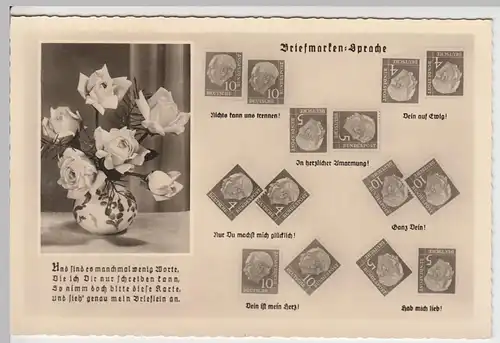 (60000) Foto AK Briefmarkensprache mit Theodor Heuss, Blumenvase 1954