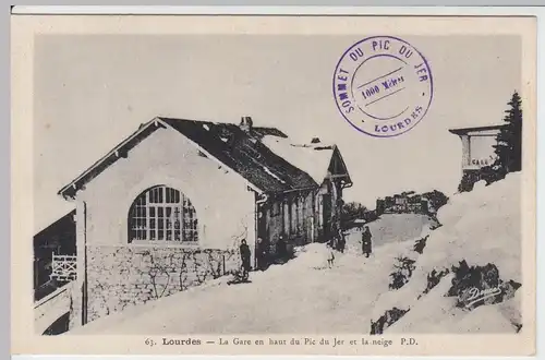 (59109) AK Lourdes, La gare en haut du Pic du Jer et la neige, vor 1945