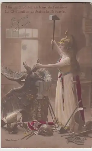 (58575) Foto AK Grußkarte Neujahr "Bonne Année", Frau erschlägt Adler vorr 1945