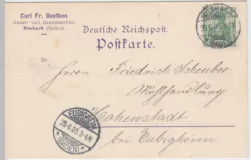 (58365) Postkarte DR v. Handelsmühle Carl Fr. Deetken, Stempel Mosbach 1905