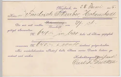 (58365) Postkarte DR v. Handelsmühle Carl Fr. Deetken, Stempel Mosbach 1905
