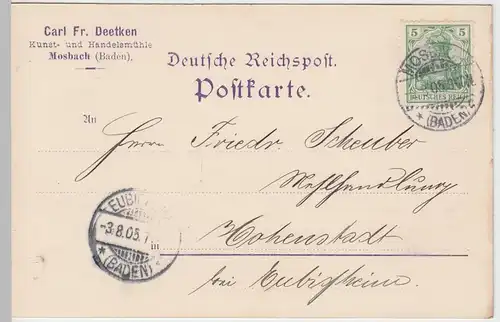 (58364) Postkarte DR v. Handelsmühle Carl Fr. Deetken, Stempel Mosbach 1905