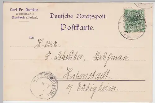 (58363) Postkarte DR v. Handelsmühle Carl Fr. Deetken, Stempel Mosbach 1899