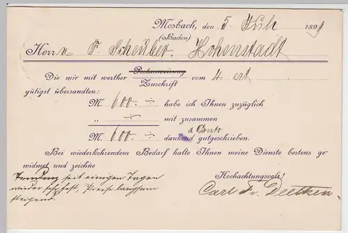 (58363) Postkarte DR v. Handelsmühle Carl Fr. Deetken, Stempel Mosbach 1899