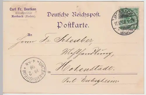 (58362) Postkarte DR v. Handelsmühle Carl Fr. Deetken, Stempel Mosbach 1898