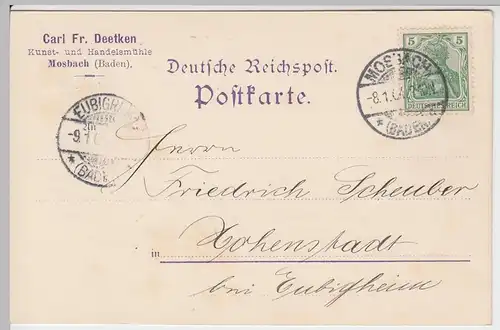 (58360) Postkarte DR v. Handelsmühle Carl Fr. Deetken, Stempel Mosbach 1904