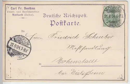 (58358) Postkarte DR v. Handelsmühle Carl Fr. Deetken, Stempel Mosbach 1904