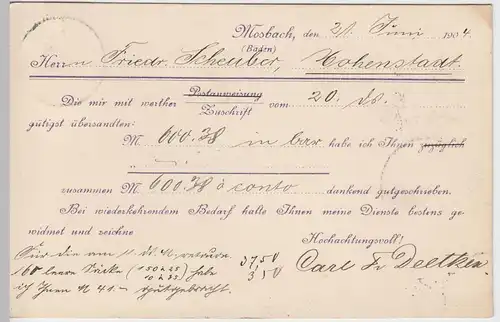 (58358) Postkarte DR v. Handelsmühle Carl Fr. Deetken, Stempel Mosbach 1904