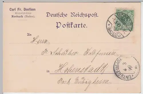 (58357) Postkarte DR v. Handelsmühle Carl Fr. Deetken, Stempel Mosbach 1899