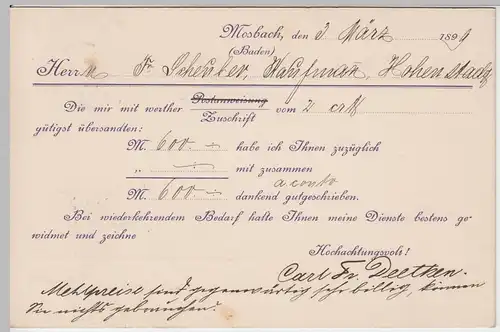 (58357) Postkarte DR v. Handelsmühle Carl Fr. Deetken, Stempel Mosbach 1899