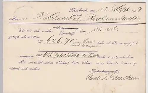 (58356) Postkarte DR v. Handelsmühle Carl Fr. Deetken, Stempel Mosbach 1903