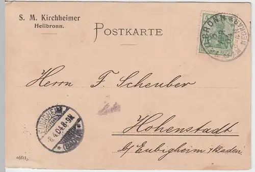 (58355) Postkarte DR v. S.M. Kirchheimer, Stempel Heilbronn 1904