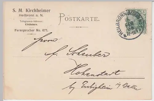 (58348) Postkarte DR v. S.M. Kirchheimer, Stempel Heilbronn Nr. 1 1909