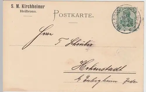 (58347) Postkarte DR v. S.M. Kirchheimer, Stempel Heilbronn Nr. 1 1909
