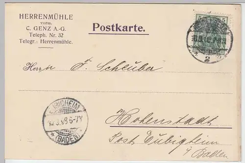 (58342) Postkarte Deutsches Reich, Firma Herrenmühle vorm. V. Genz A.-G. 1909