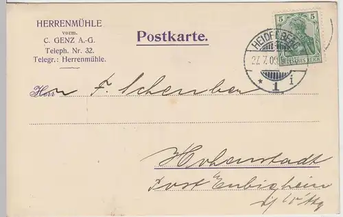 (58341) Postkarte Deutsches Reich, Firma Herrenmühle vorm. V. Genz A.-G. 1909