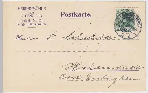 (58340) Postkarte Deutsches Reich, Firma Herrenmühle vorm. V. Genz A.-G. 1909