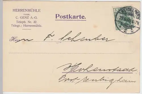 (58338) Postkarte Deutsches Reich, Firma Herrenmühle vorm. V. Genz A.-G. 1909