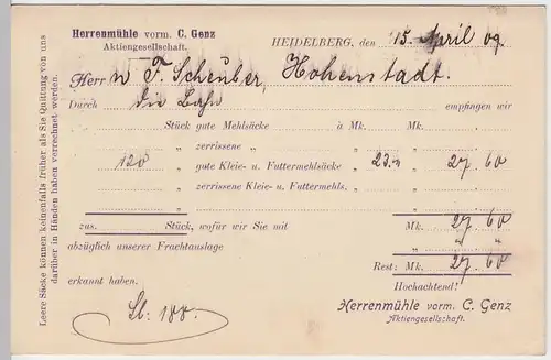 (58337) Postkarte Deutsches Reich, Firma Herrenmühle vorm. V. Genz A.-G. 1909