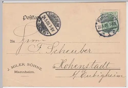 (58312) Postkarte DR v. J. Milek Söhne, Stempel Mannheim 1905