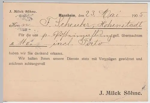 (58312) Postkarte DR v. J. Milek Söhne, Stempel Mannheim 1905