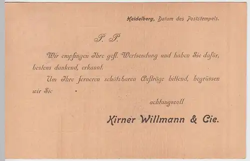 (58307) Postkarte DR v. Kirner Willmann & Cie., Stempel Heidelberg 1905