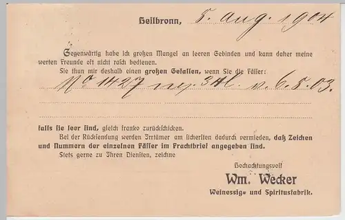 (58303) Postkarte DR v. Fabrik Wm. Wecker, Stempel Heilbronn 1904