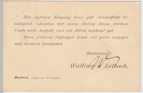 (58298) Postkarte DR v. Walliser & Lelbach, Stempel Mannheim 1904